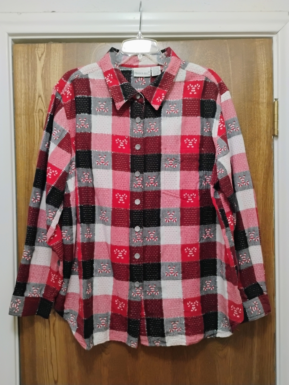 Fashion Bug Red, Red & Black Plaid Button-Up Shirt W/ Sparkles & Candy Canes. 22